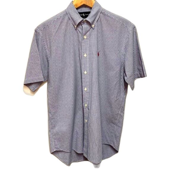 Ralph Lauren Blake Blue White Small Gingham Check SS Button Down Shirt Size M - Picture 1 of 11
